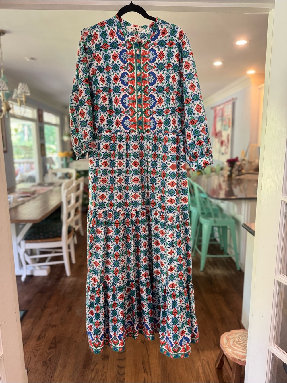 Boden Alba Tiered Cotton Maxi Dress Multi Coastal Tile Long Sleeve